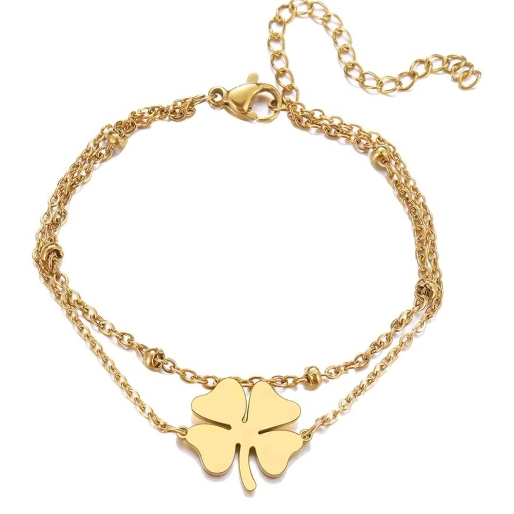 Gold Four Leaf Clover Double Layer Bracelet Dainty Lucky Charm Jewelry